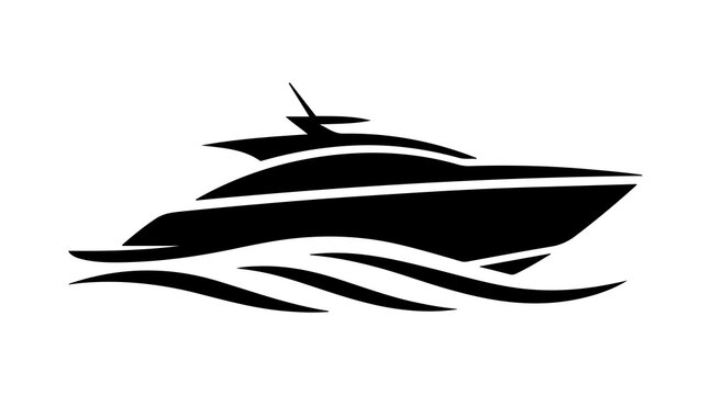 Silhouette of a luxury motor yacht on ocean waves on transparent background.