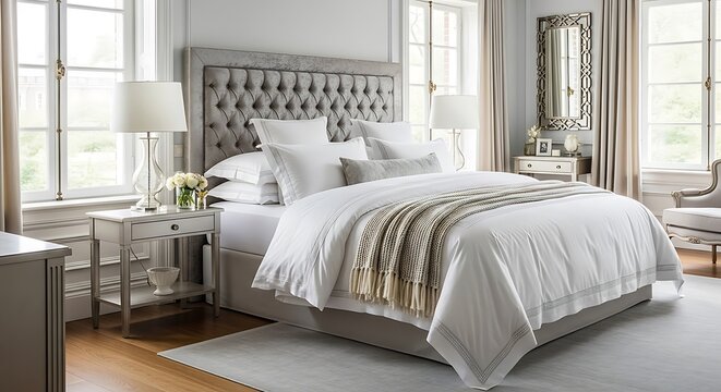 Elegant bedroom with a tufted headboard and crisp white bedding