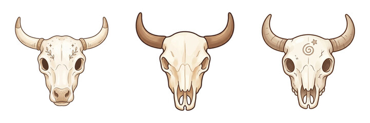 Collection of Illustrated Bull Skulls with Horns Featuring Decorative Patterns