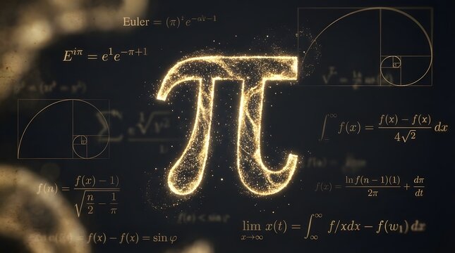 Glowing Pi symbol amidst mathematical equations and scientific formulas