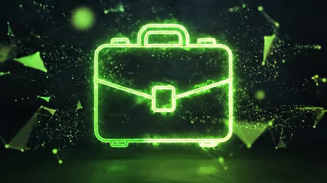 Neon briefcase glowing in darkness.
