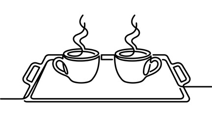 Fototapeta premium Silhouette of a Two hot coffee cups in serving tray continuous line on transparent background.