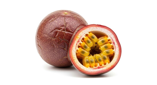 Passion fruit cut open showing yellow pulp and seeds