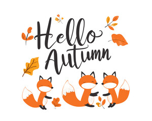 Obraz premium Hello Autumn foxes and leaves illustration with vibrant colors and whimsical style 