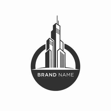 Abstract Skyscraper Cityscape Logo in Dark Circle on Isolated White Background