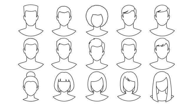 Avatars diverse male and female head silhouettes with various hairstyles and necklines rendered in clean black outline on white.
