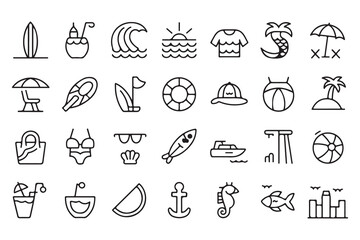 Summer Beach and Vacation Line Icon Set Featuring Surfboard Coconut Drink and Tropical Elements © MD