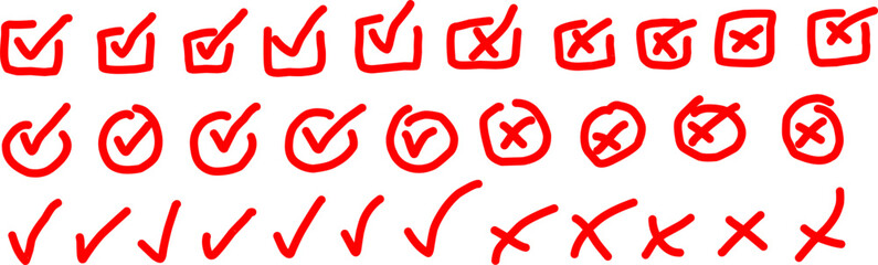 Hand-drawn red check marks and cross icons set. Doodle style approval and rejection symbols in boxes and circles, perfect for checklists, forms, UI, and design. © Akmalmm 