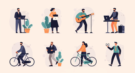 Obraz premium Diverse cartoon people engage in various activities like working, biking, and performing music