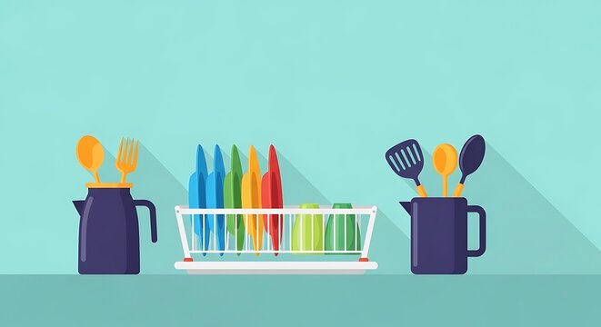 Kitchen utensils and dishware organized on a countertop with pitchers