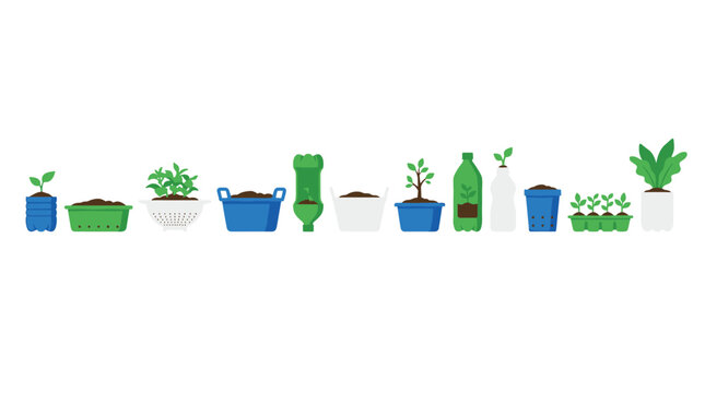A collection of various plants and seedlings growing in repurposed containers like plastic bottles and colanders is illustrated in a flat vector style.