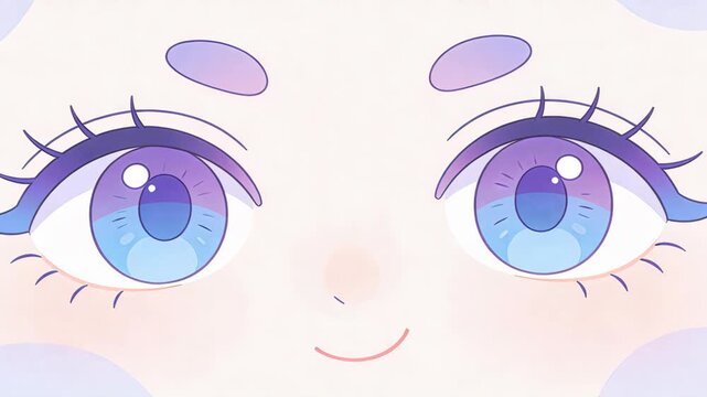 Cute animated girl with large blue eyes smiling in three frames. Joyful cartoon face sequence in pastel purple background. Digital illustration for fun emotion and character animation concept.
