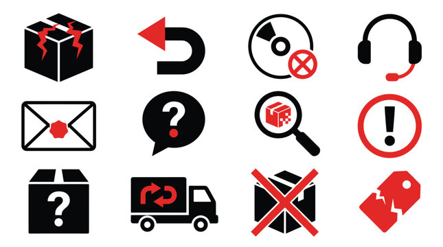 A collection of black and red icons representing shipping issues and returns, such as a damaged box, a return arrow, and a customer service headset.