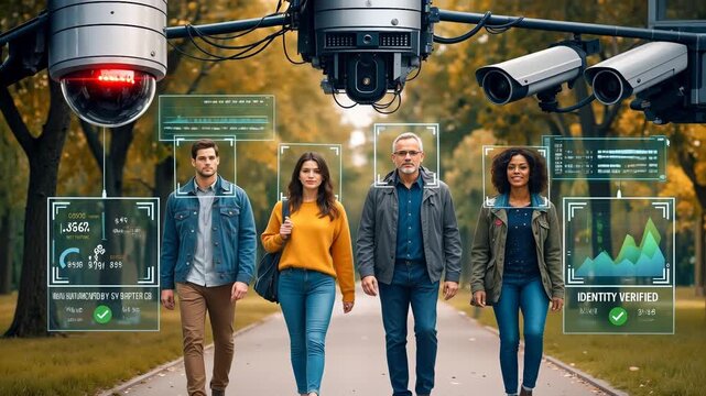 Group of people walking through park under smart surveillance cameras with facial recognition. Advanced security system identifying diverse citizens in public space. Tilt up wide shot.