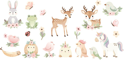 Fototapeta premium Watercolor illustration of various forest animals and flowers in soft colors