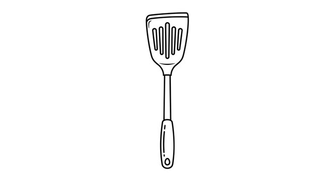 A simple line drawing of a slotted spoon with a long handle