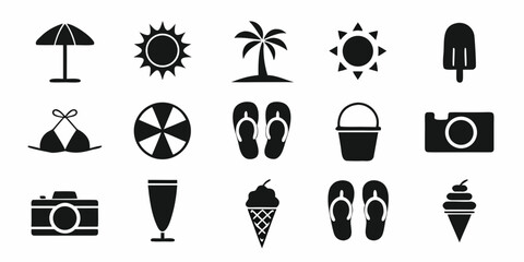 Black and white summer icons depicting beach elements and vacation themes © Pabitra