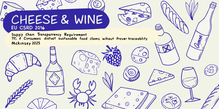 A whimsical illustration featuring cheese wine and accompanying food items