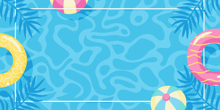 Colorful inflatable toys float above a refreshing blue swimming pool