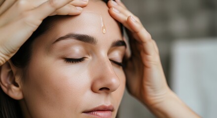 Naklejka premium Peaceful woman receiving traditional Ayurvedic Shirodhara treatment with warm oil dripping on her forehead for ultimate relaxation and wellness.
