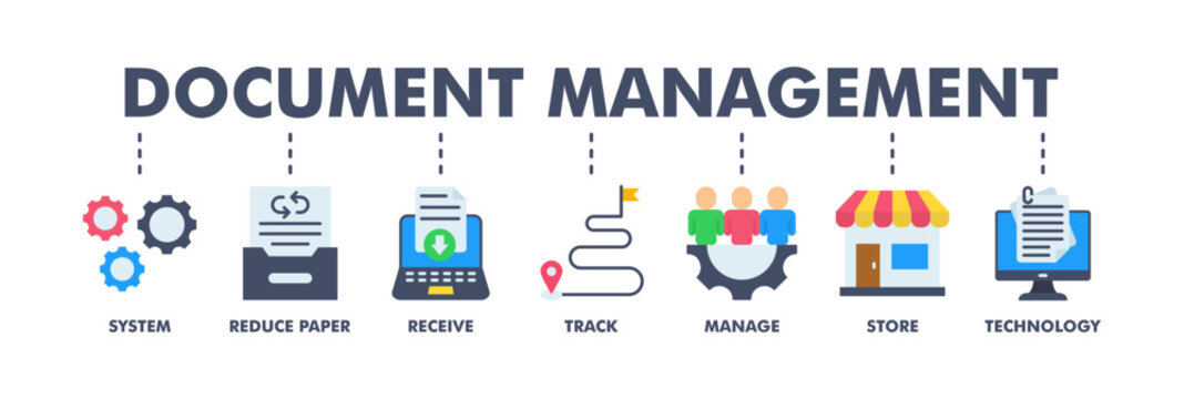 Document management banner web flat vector illustration concept with icon of system, reduce paper, receive, track, manage, store, cloud and technology
