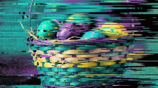 A distorted image of a wicker basket filled with colorful Easter eggs