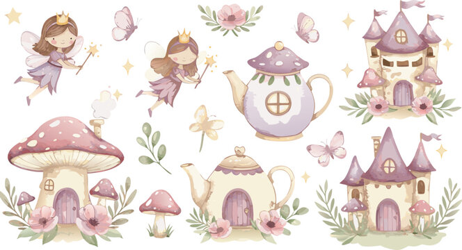 Whimsical illustration of fairy tale castles and mushrooms with flowers and princesses