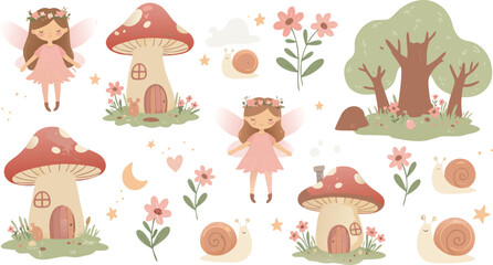 Fototapeta premium Whimsical illustration of girls and mushrooms in a forest with flowers and trees