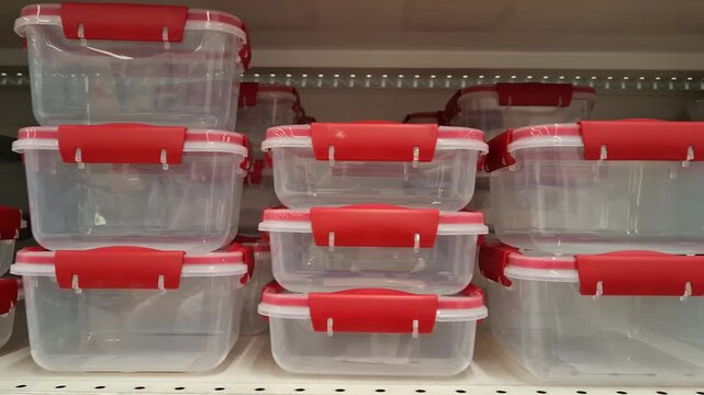 Stacks of clear plastic food storage containers with bright red airtight lids on a white metal store shelf. Different sizes of rectangular transparent boxes organized in rows for retail display