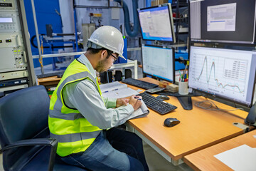 Engineer computer worker on High-performance computers with a lot of monitor in large factory,Control the operation of large machines,Write a program to run the robot,Programmer working with serious © reewungjunerr