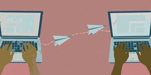 Digital connection paper airplane flies between two laptop computers © Pabitra