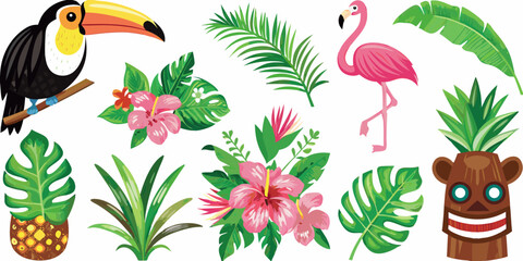 Tropical illustration featuring toucan flamingo hibiscus and lush foliage © Pabitra