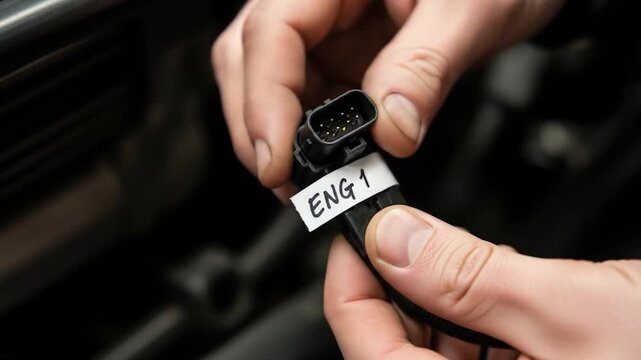 Hands holding engine label closeup.