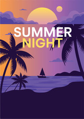 Obraz premium Summer and Beach Party Poster Design with Tropical Palm Tree, Invitation Flyer Template Featuring Bright Tropical Elements, Vector Illustration for Summer Events, Pool Parties and Vacation Promotions