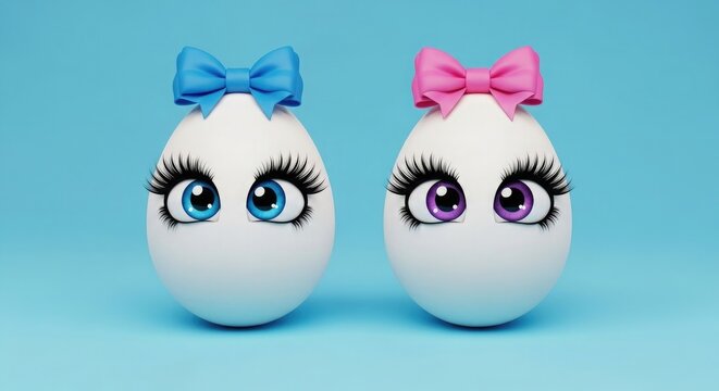 Happy easter eggs with blue and pink bows and big eyes