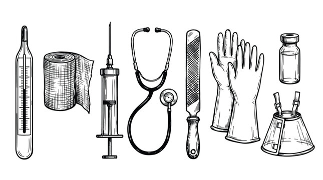 A collection of vintage-style, hand-drawn veterinary medical instruments including a stethoscope, syringe, and thermometer is shown on a white background.