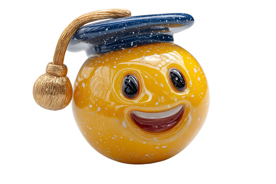 A smiling yellow glass emoji wearing a graduation cap on transparent background