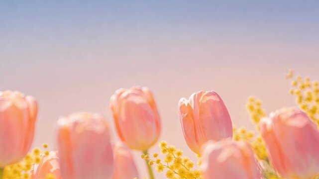 Pink tulips blooming in sequence with yellow flowers. Floral opening process on light blue background. Spring nature growth animation for seasonal themes.