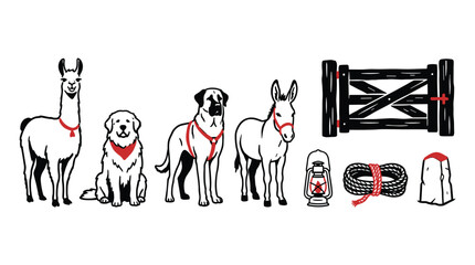Fototapeta premium A set of hand-drawn illustrations featuring a llama, dogs, a donkey, and rustic equipment is displayed against a white background with red accents.