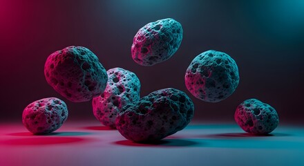 Naklejka premium Abstract 3D Render of Floating Asteroids in Neon Light