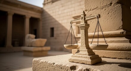 Stone scales of justice stand before an ancient, sunlit structure