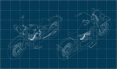 Classic American motorcycle. Chopper in  two projections. Old motorcycle blueprint © Olena