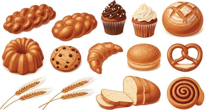 Bakery products collection with bread croissant cookie cupcake pretzel bun wheat and sweet pastry vector illustration set
