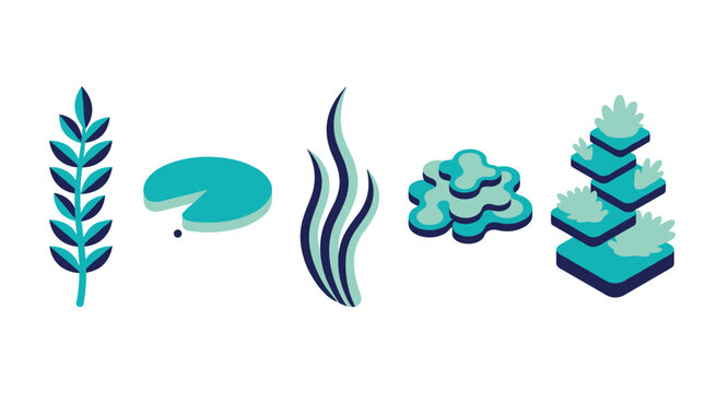 A minimal set of five stylized aquatic plant and algae icons is displayed on a white background.