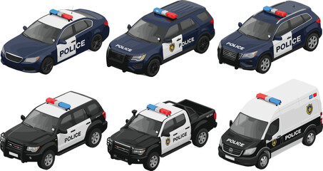 Police vehicles collection with patrol cars SUV pickup and van emergency law enforcement vector illustration set © EdGe Creative