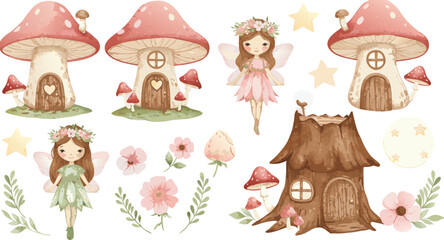 Obraz premium Whimsical fairy tale forest scene with mushroom houses and magical creatures