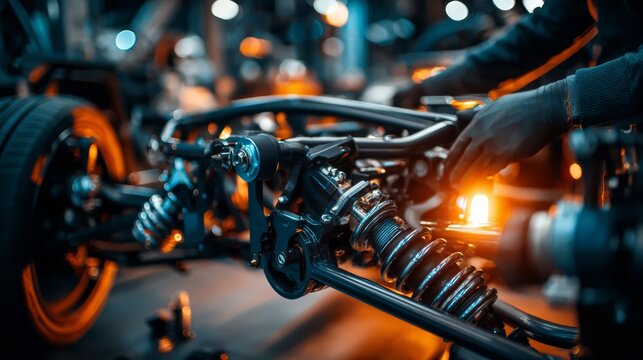 A racing car chassis frame with suspension components and coilover showcase at the factory.