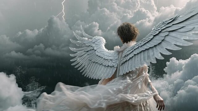 Woman transforming into angel with white wings in clouds. Ethereal female figure spreading feathers and soaring through heavenly skies in fantasy flight sequence.