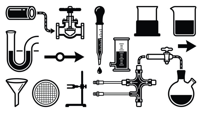 A collection of thirteen black silhouette icons shows various pieces of chemistry lab and industrial processing equipment.