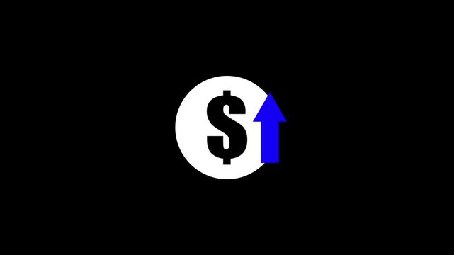 Money increases icon, dollar rate increase stretching arrow up icon. glowing concept with black background 4k video animation,